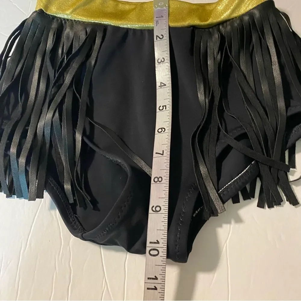 Custom glamorous mature solo dance costume 2 piece leather fringe black MC LC
